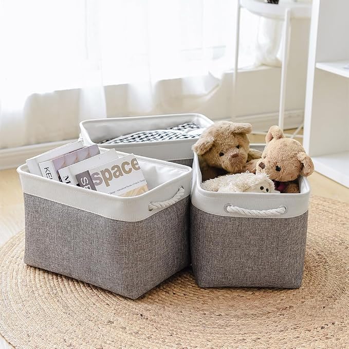 TheWarmHome Organization and Storage Basket for Organizing - 3 Pack 16x12x12 inch Cube Storage Bin Fabric Storage Cubes for Organizer Cloth Gift Toy Closet (White & Grey) - Image 4