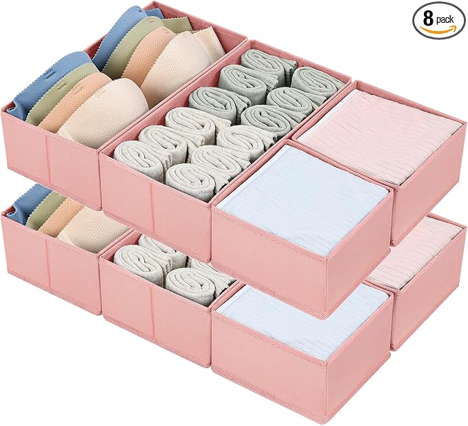 DIMJ Drawer Organizers for Clothing, Set of 8 Dresser Drawer Organizers, Fabric Closet Organizers and Storage, Drawer Dividers for Baby Clothes, Socks, Belt, Tie (Pink) by DiMJ