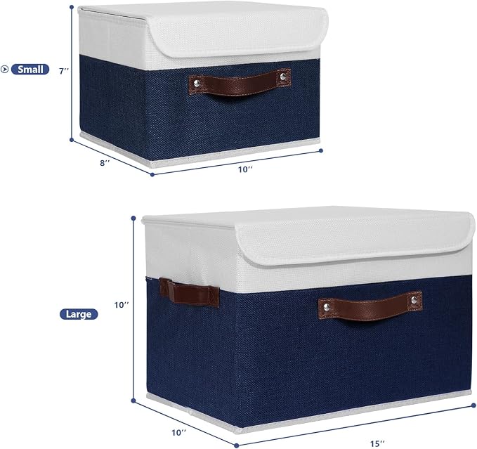 ANMINY Storage Boxes with Lids Washable Decorative Storage Bins Basket with PU Leather Handle Foldable Linen Fabric Storage Cubes Containers for Home Closet Organizer - Deep Blue White, Small Size - Image 4