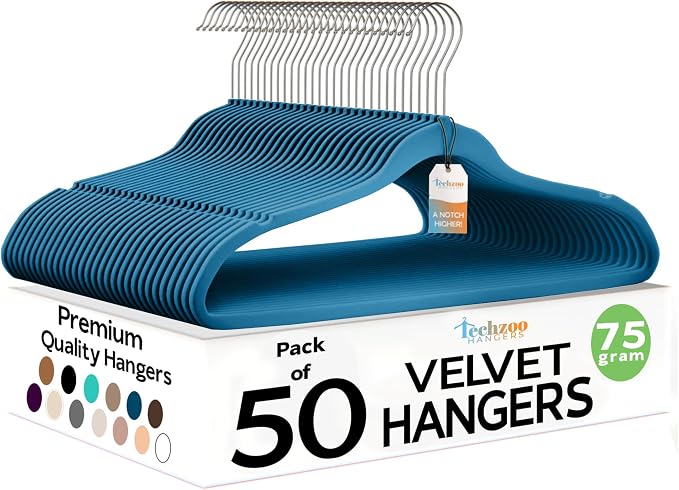 Techzoo Premium Velvet Hangers 50 Pack Ultra Thin Non Slip Adult Felt Space Saving Slim Suit Hanger for Closet Heavy Duty Coat Pants Jackets Dress Hangers 360° Swivel Hook Hold Upto 10 lbs Blue by TECHZOO
