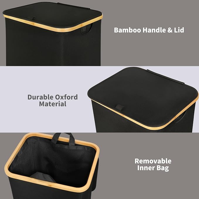 efluky 100L Laundry Basket with Lid and Net Bag, Tall Laundry Hamper with Bamboo Handles, Aesthetic Dirty Clothes Bin for Laundry Room, Bathroom, Bedroom and Dorm, Black - Image 6