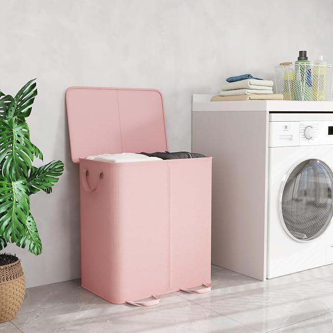 Lifewit Double Laundry Hamper with Lid and Removable Laundry Bags, Large Collapsible 2 Dividers Dirty Clothes Basket with Handles for Bedroom Laundry Room Closet Bathroom College, 155L Pink - Image 6