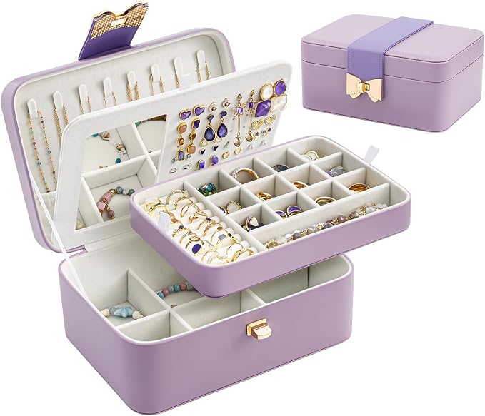 Lolalet 2 Layer Jewelry Box for Teen Girls & Young Women, Jewelry Organizer Case with Bow Clasp and Mirror for Earrings Rings Necklaces Storage, Gift Idea -Purple by Lolalet