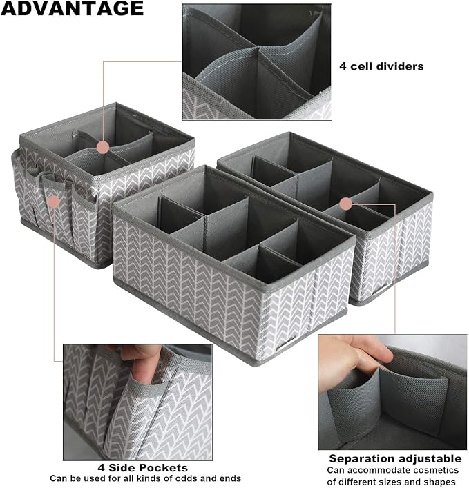 VERONLY Cosmetic Storage Bins Makeup Organizer, Adjustable Multifunction Storage Box Desk Drawer Divider for Makeup Brushes, Bathroom Countertop or Dresser, Set of 3 (Grey) - Image 2
