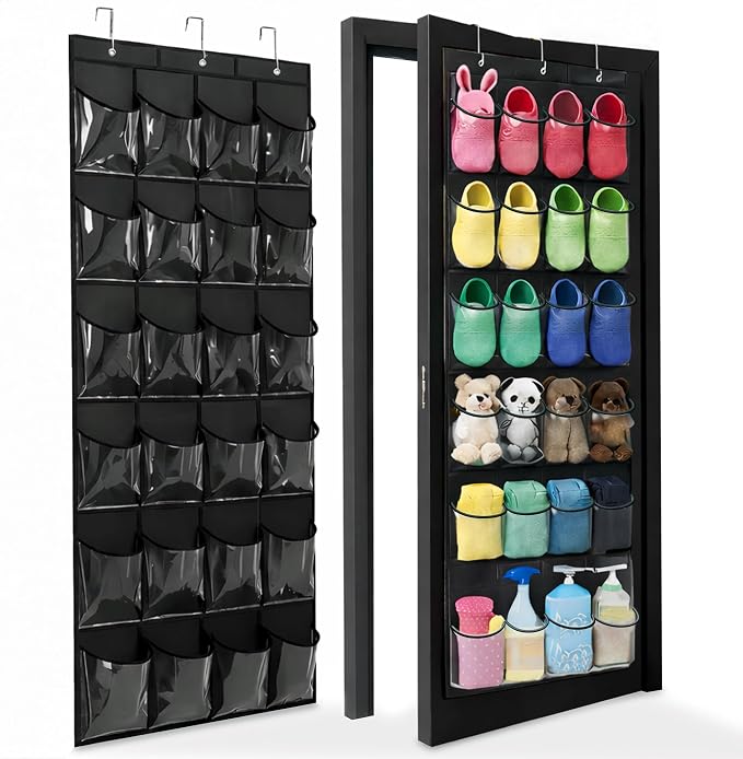 Over the Door Shoe Organizer - Space Saving Shoe Rack for Closet Door with 24 Crystal Clear Pockets and Metal Hooks, Shoe Holder Back of Door Organizers for Shoes, Hanging Shoe Organizer (Black) by Bofoho