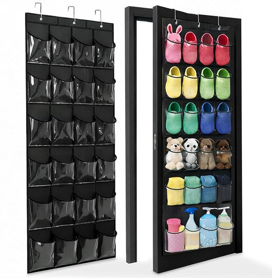 Over the Door Shoe Organizer - Space Saving Shoe Rack for Closet Door with 24 Crystal Clear Pockets and Metal Hooks, Shoe Holder Back of Door Organizers for Shoes, Hanging Shoe Organizer (Black) by Bofoho