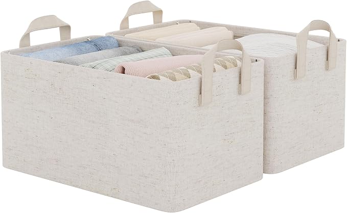 StorageWorks Storage Bins, Shelves Baskets for Organizing, Fabric Closet Organizers with Handles, Metal Frame, Beige-Cotton-linen, 2-Pack by StorageWorks