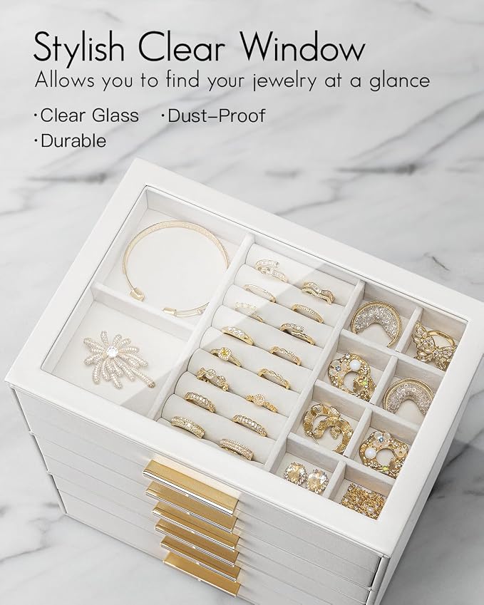 VLANDO 6 Layer Jewelry Box for Women, Glass Lid Jewelry Organizer with 6 Drawers for Necklaces Rings Earrings Bracelets - White - Image 5