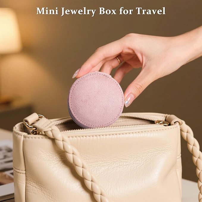 CONBOLA Travel Jewelry Case Small Jewelry Box for Women Girls,Round Velvet Mini Jewelry Travel Organizer,Portable Jewelry Box for Rings Earrings Necklaces Bracelets.(Pink,Small) - Image 6