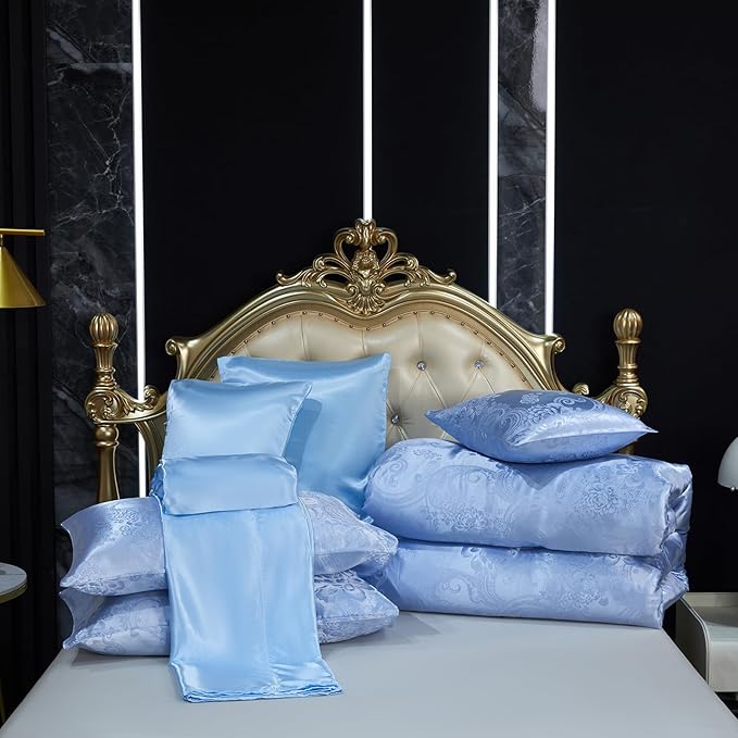 Blue Comforter King Jacquard Bedding with Baby Blue Satin Sheet Set 8 Pcs Royal Embroidery Neoclassical Floral Home Decor Soft Luxury Hotel Bed in a Bag with 1 Cushion Cover