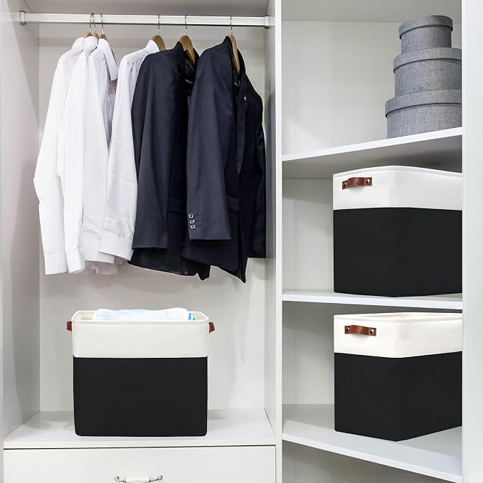 Bagnizer Large Fabric Storage Baskets | 50L Storage Bins, Decorative Linen Closet Baskets with Handles for Organizing, Shelf, Toys, Clothes, Home, Office, Nursery, 17x12x15Inches (Black&White) - Image 2