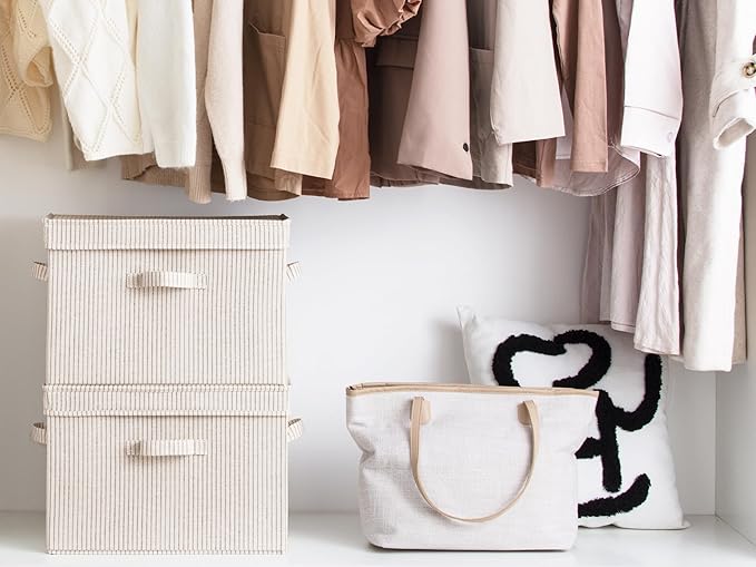 StorageWorks Fabric Storage Bins with Lid, Decorative Storage Boxes for Shelves, Stackable Closet Organizer Basket with Handles, Jumbo, Khaki and Beige Stripes, 2-Pack - Image 4