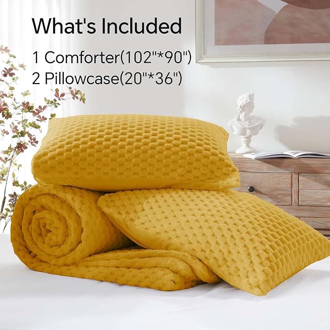 BEDELITE Fluffy King Size Comforter Set - Yellow Fleece Soft Comforter for King Size Bed, Luxury Warm Bedding Set for Winter, Fuzzy Bed Set 3 Pieces (1 Comforter, 2 Pillowcases)