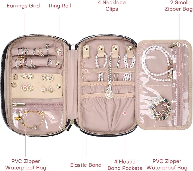 Jewelry Travel Case Organizer for Necklaces, Earrings, Rings, Bracelet, Watch, Soft Sided, Blue - Image 3