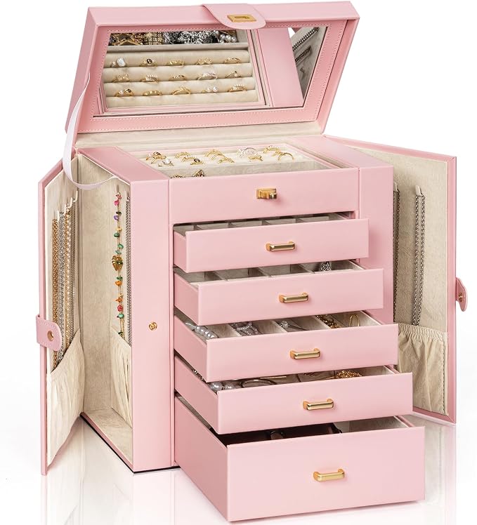 AKOZLIN 6-Tier Jewelry Box Organizer Functional Leather Jewelry Storage Case for Women Girls Ring Necklace Earring Bracelet Holder Organizer with Mirror by AKOZLIN