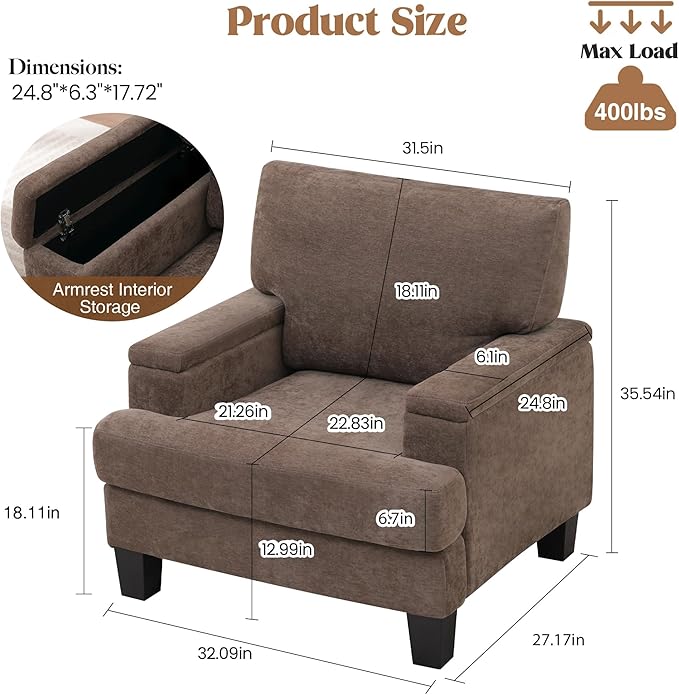 Oversized Accent Chair Set of 2 with Storage Armrest, Modern Upholstered Reading Living Room Chairs, Comfy Large Armchair, Fabric Single Sofa Chair for Bedroom (Dark Brown)