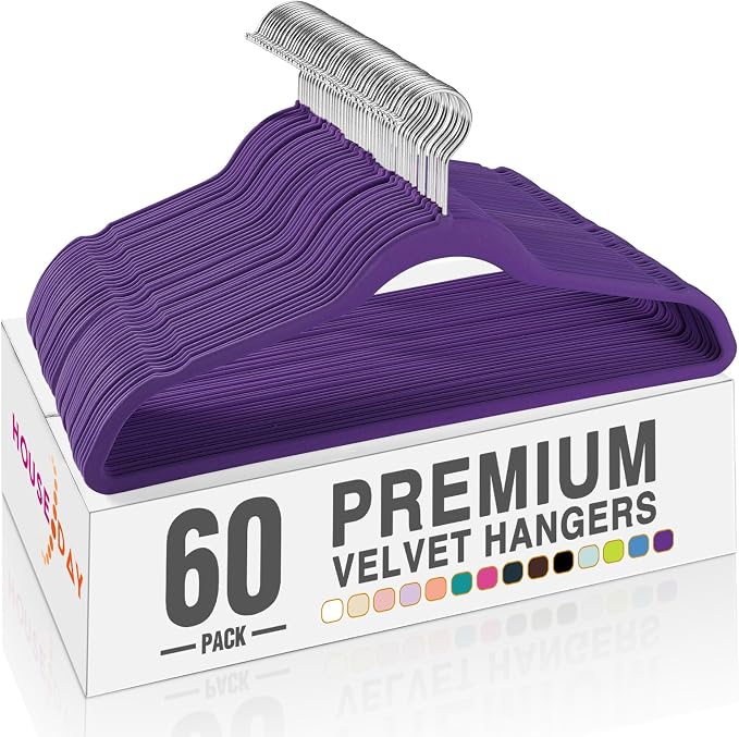HOUSE DAY Noble-Purple Velvet Hangers 60 Pack, Non Slip Clothes Felt Hanger Heavy Duty for Coat, Premium Slim Space Saving Suit Hangers for Closet Organizer, 360° Rotating Silver Hook by HOUSEDAY