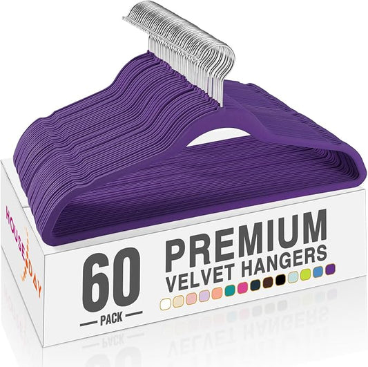 HOUSE DAY Noble-Purple Velvet Hangers 60 Pack, Non Slip Clothes Felt Hanger Heavy Duty for Coat, Premium Slim Space Saving Suit Hangers for Closet Organizer, 360° Rotating Silver Hook by HOUSEDAY