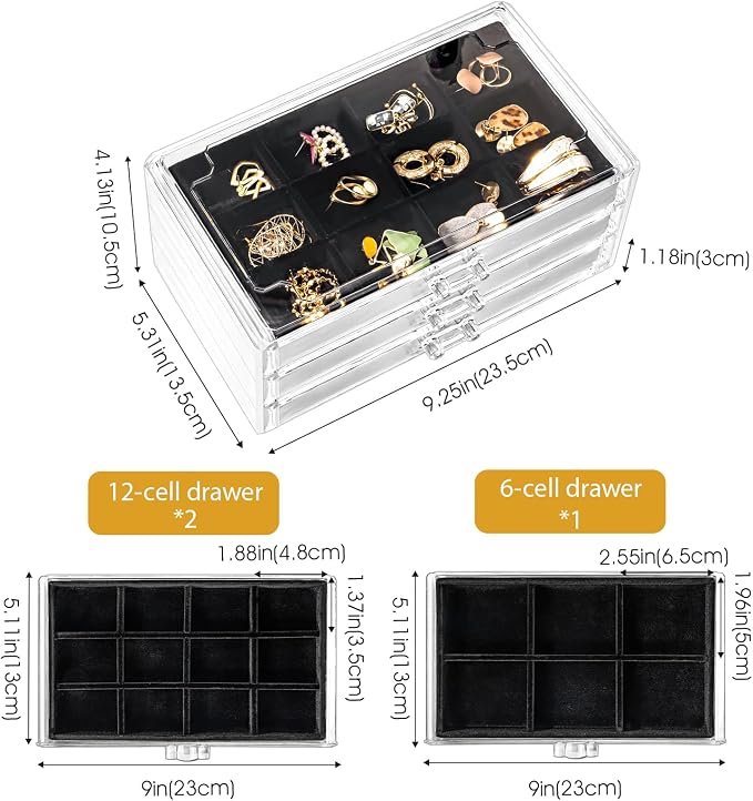 ProCase Earring Holder Organizer Jewelry Box with 3 Drawers, Acrylic Clear Earring Case with Adjustable Velvet Trays for Women - Black, 3 Layers - Image 4