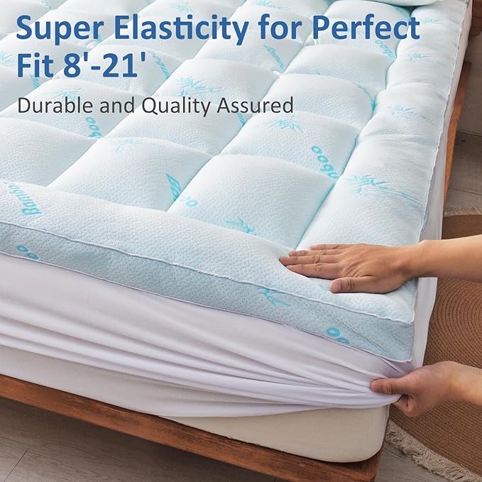 Favorland Mattress Topper Queen Size - Cooling Extra Thick Breathable Viscose Made from Bamboo Mattress pad - Soft Quilted Fitted Mattress Cover with 900 GSM Down Alternative Fill (8-21”Deep Pocket)