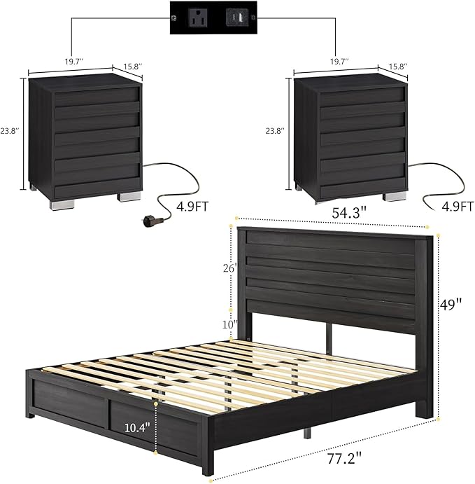 LUXOAK 3 Pcs Bedroom Furniture Sets - Includes Farmhouse Full Size Bed Frame with 49" Tall Headboard and Nightstand Sets of 2 with Charging Station, Slated Handles & Stainless Steel Feet, Black