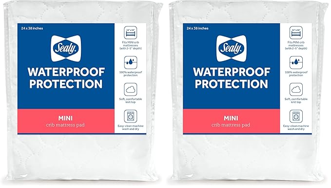 Sealy Baby Mini Fitted Waterproof Infant Portable Crib Mattress Protector Pad Cover, Durable and Comfortable Topper for Newborns and Toddlers, Machine Washable and Dryer Friendly, 38” x 24”- White