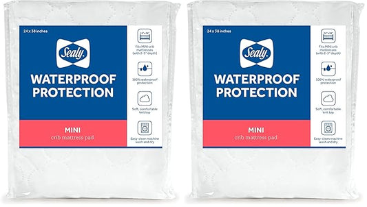 Sealy Baby Mini Fitted Waterproof Infant Portable Crib Mattress Protector Pad Cover, Durable and Comfortable Topper for Newborns and Toddlers, Machine Washable and Dryer Friendly, 38” x 24”- White