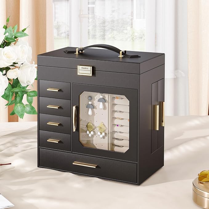 HOOBRO Jewelry Box with Mirror, Jewelry Organizer Box with Capacious Storage Space, Jewelry Holder Organizer, Hand-Held Jewelry Case, Glass Cover, Modern Style, Black and Light Gold BK06JB04G1 - Image 3
