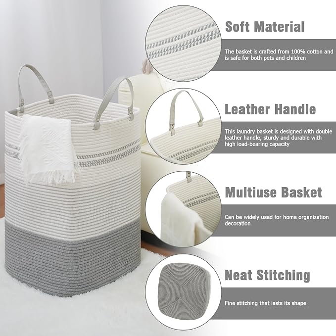 danpinera 100L Nursery Hamper, Tall Woven Laundry Basket with Long Leather Handles, Boho Laundry Hamper for Living Room & Bedroom, Eco-friendly & Convenient Decorative Storage Basket White & Gray - Image 2