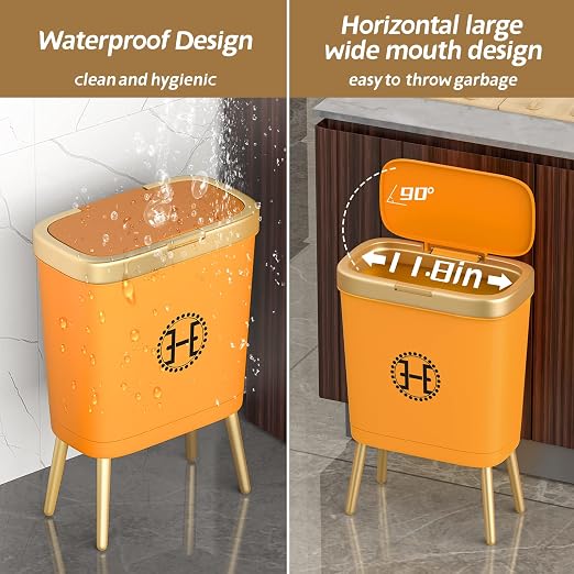 Procade Bedroom Trash Can with Lid,Slim Bathroom Trash Cans with Lids, Dog Proof Trash Bin with Press Top Lid,Modern Gold Trash Can Plastic Waste Basket for Living Room, Office,Kitchen, 4 Gal-Orange - Image 3