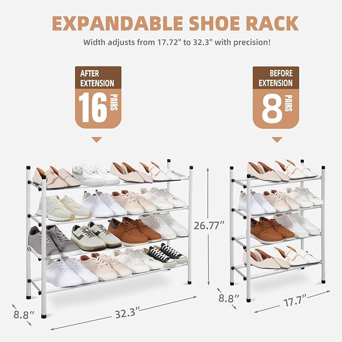 STORAGE MANIAC Expandable Shoe Rack, 16 Pairs Stackable Small Shoe Rack, Metal Adjustable Shoes Organizer for Closet, Entryway, Hallway, Garage, Front Door, Shoes Shelves, White 4 Tier - Image 3