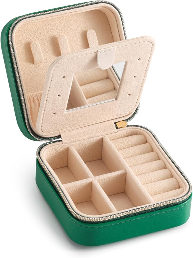 TRODANCE Jewelry Travel Case with Mirror,Small Travel Jewelry Organizer, Portable Jewelry Box Travel Mini Organizer Portable Display Storage Box For Rings Earrings Necklaces (Green) by TRODANCE