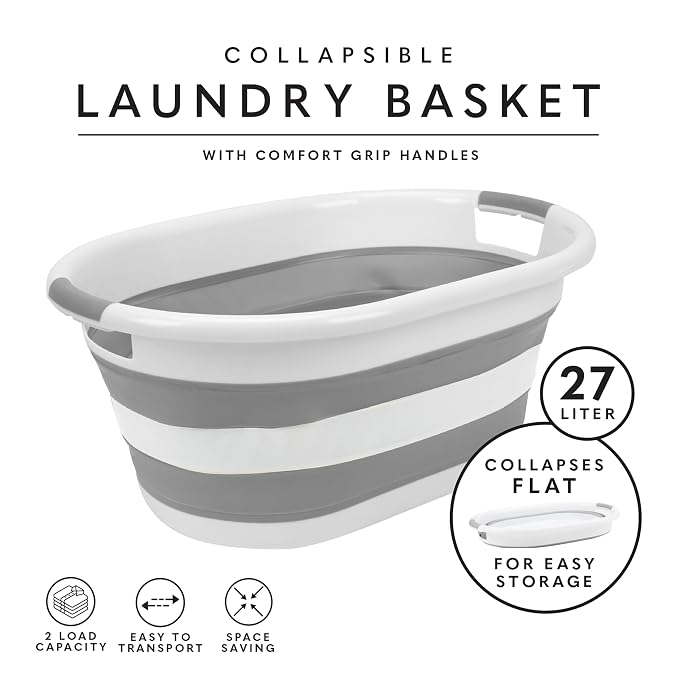 Laundry 360 2pk Collapsible Laundry Basket | Portable | Space Saver Storage | Hold 2 Loads | Store Under the Bed or Closet | Good for Kids | Dorm | Bedroom | Large | White/Grey - Image 2