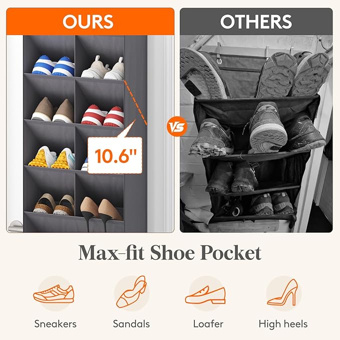 Lifewit 10 Tier Over the Door Shoe Organizer with 19 Large Deep Pockets, Fabric Hanging Shoes Shelf for Closet, Dorm Storage, Fit Up to 20 Pair Shoe Rack Holder for Sneakers, Boots, Gray - Image 3