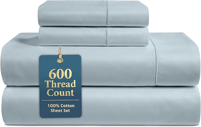 LANE LINEN 100% Cotton Bed Sheets – 600 Thread Count Cooling Sheets Queen, Durable Daily Use Bedding, Value Comfort for Night Rest, Hotel Sateen Finish, Snug Fit 15" Deep Pocket – Blue