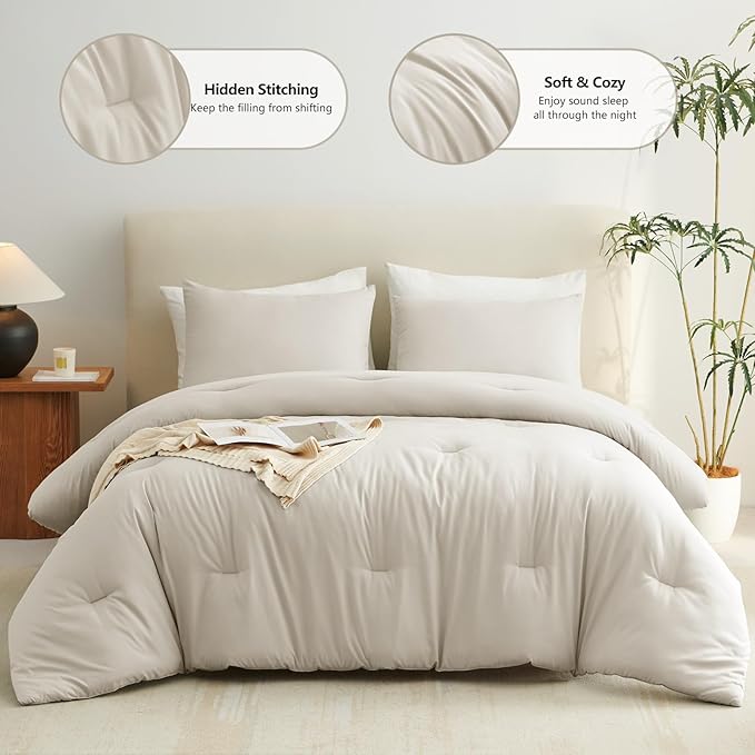 CozyLux Twin Comforter Set Beige, 2 Pieces Twin Extra Long Solid Breathable Bedding Sets for College Dorm, Twin XL Luxury Soft Bed Set with Down Alternative Comforter and 1 Pillowcase All Seasons