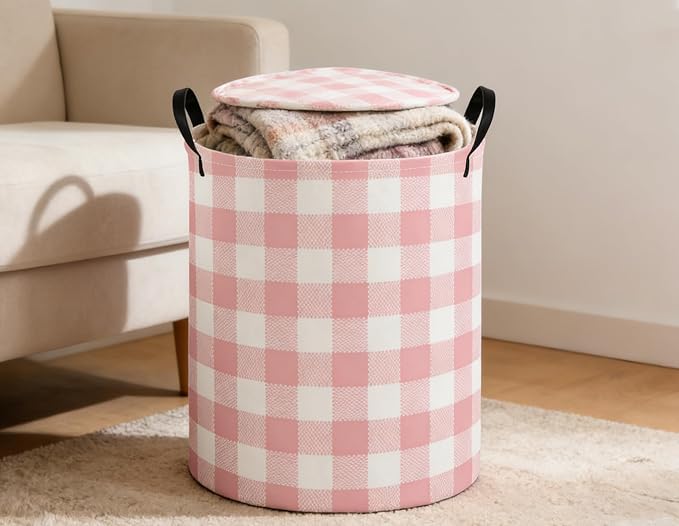 Kids Laundry Basket Pink Hamper for Nursery Girls Hamper Cute Kids Storage Bin Organizer Room Decor for Home(Pink Grid) - Image 3