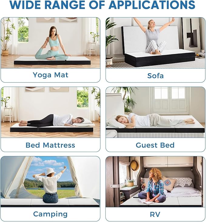Sweetcrispy Folding Mattress TwinXL Size, 4 inch Tri-fold Memory Foam Mattress Topper for Camping, Foldable Mattress Topper with Washable Cover, Foldable Guest Bed, Travel Mat