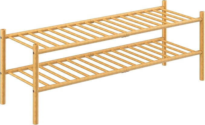 ROMGUAR CRAFT 2-Tier Bamboo Long Shoe Rack, Free Standing Wood Shoe Shelf Storage Organizer for Closet Entryway Stackable 35"x11"x13" (Natural) - Image 7