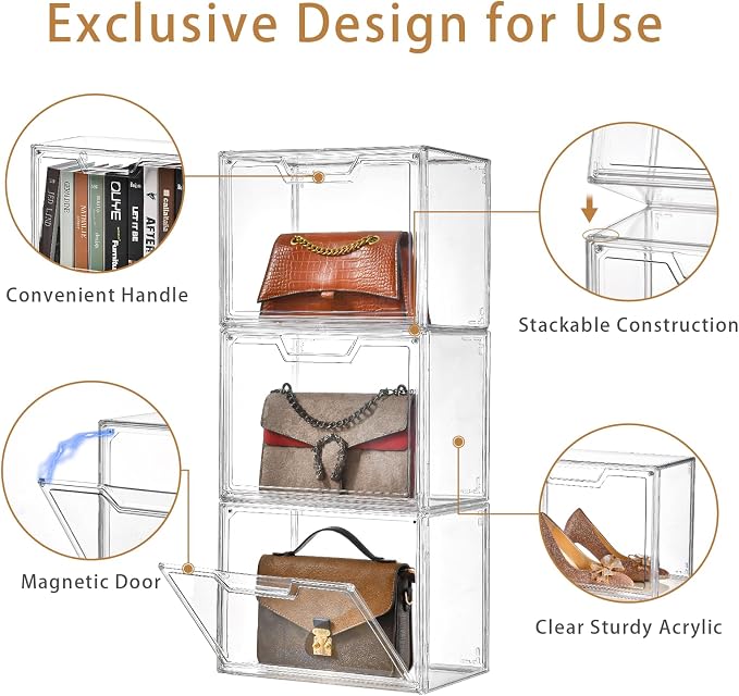 3 Pack Clear Storage Bins with Lids, Storage Containers with Magnetic Door, Stackable Acrylic Display Case for Handbags, Cosmetic, Multifunctional Storage Boxes for Dorm, Living Room, Bedroom Storage - Image 3