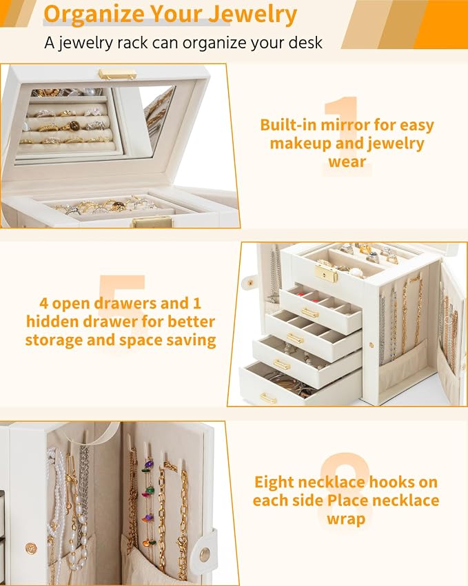 AKOZLIN 5-Tier Jewelry Box Leather Jewelry Storage Organizer with 4 Drawers Lockable for Women Girls Ring Necklace Earring Bracelet Watches Holder with Mirror White - Image 4