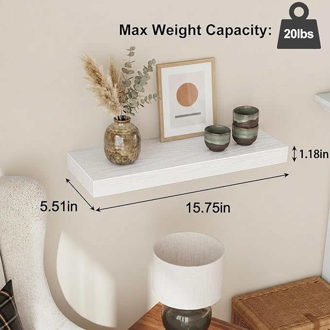 Fixwal White Shelves for Wall, 15.8in Rustic Wood Finish Floating Wall Shelves Set of 4, Shelves for Wall Decor, with Invisible Brackets for Bathroom, Living Room,Bedroom and Kitchen - Image 3