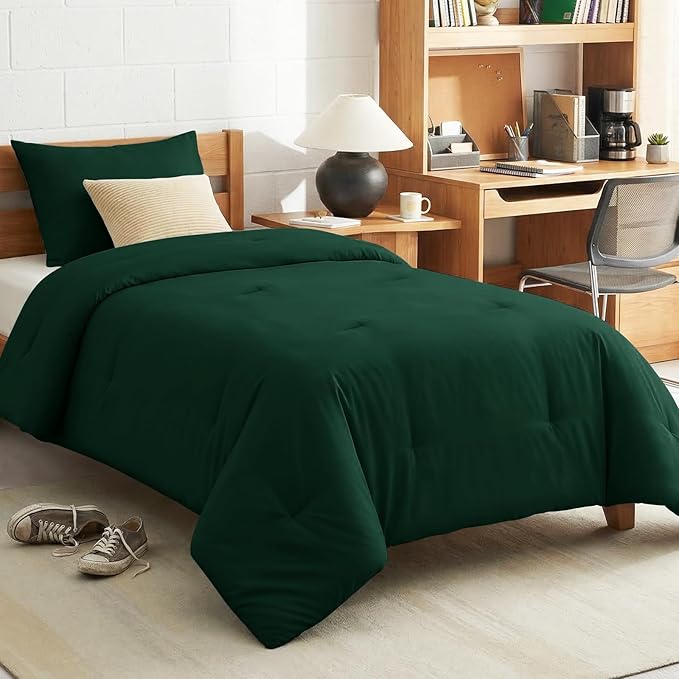 CozyLux Twin Comforter Set Emerald Green, 2 Pieces Twin Extra Long Solid Breathable Bedding Sets College Dorm, Twin XL Luxury Soft Bed Set with Down Alternative Comforter and 1 Pillowcase All Seasons