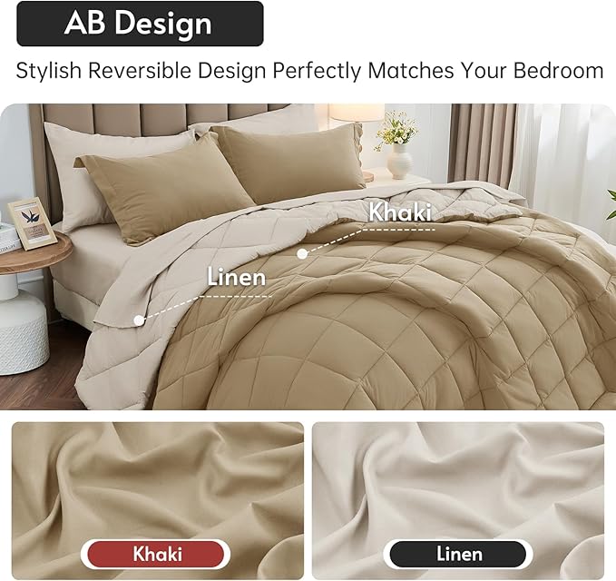 MUXHOMO 7 Pieces King Comforter Set, Reversible Bed in a Bag King Size, All Season Bedding Set with Comforter, Flat Sheet, Fitted Sheet, Pillowcases & Shams, Khaki & Linen