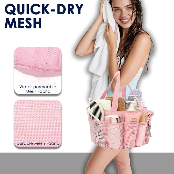 GYEUKHAM Large Mesh Shower Caddy Portable with 8-Pocket for College Dorm Room Essentials,Quick-Dry Handing Shower Basket Tote Bag for Toiletry, Bathroom,Beach,Camp,Gym,Pink - Image 6