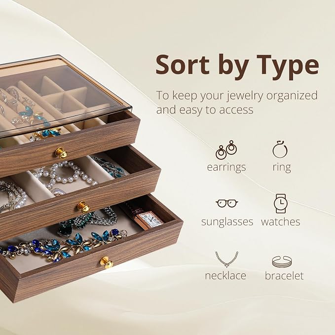 CLUQMEIK 3 Layer Acrylic Case Wooden Drawer Jewelry Organizer with Velvet Lining, Jewelry Box for Women and Girls to Store Rings Earrings Bracelets Necklaces（B） - Image 2