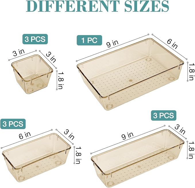 StorMiracle 10 PCS Drawer Organizer Set, 5 Varied Size Bathroom and kitchen Drawer cabinet organizer Trays, Clear Storage Bins for Makeup, Jewelry, Utensils and Gadgets, Champagne - Image 2