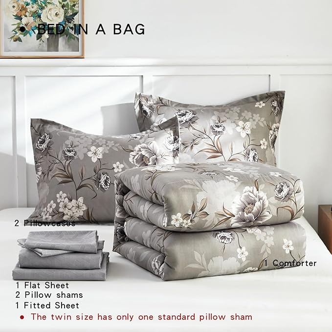 AIKASY 7-Piece Queen Size Bed in a Bag Comforter Set - Taupe Floral Ensemble with Reversible Botanical Flowers Comforter, Sheets, Pillowcases & Shams