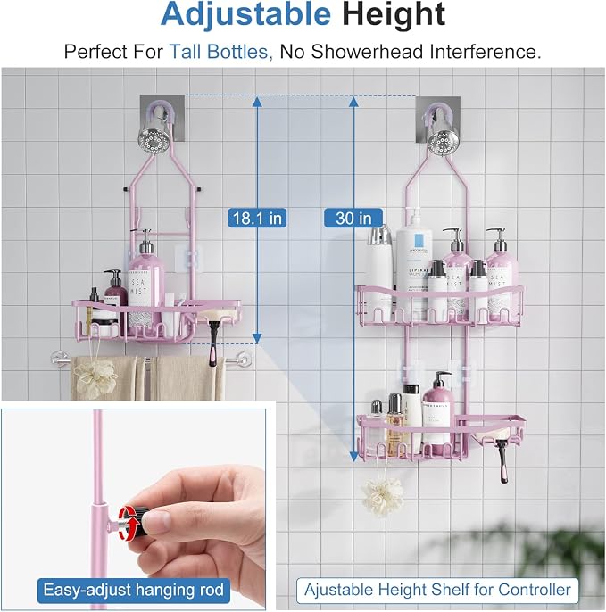 Shower Caddy, Upgraded Extended Length Shower Caddy Over Showerhead No Blocking to Shower Head, Rustproof Shower Organizer with Hooks Shampoo Soap Holder, Bathroom Large Hanging Shower Caddy - Image 4