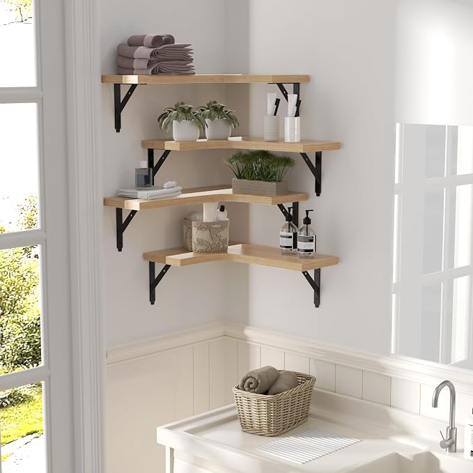 ROMGUAR CRAFT Corner Floating Shelves Wall Mounted Set of 4, Rustic Wood Storage Display Shelves for Home Decor, Bathroom, Kitchen, Bedroom, Living Room, Office (Natural) - Image 6